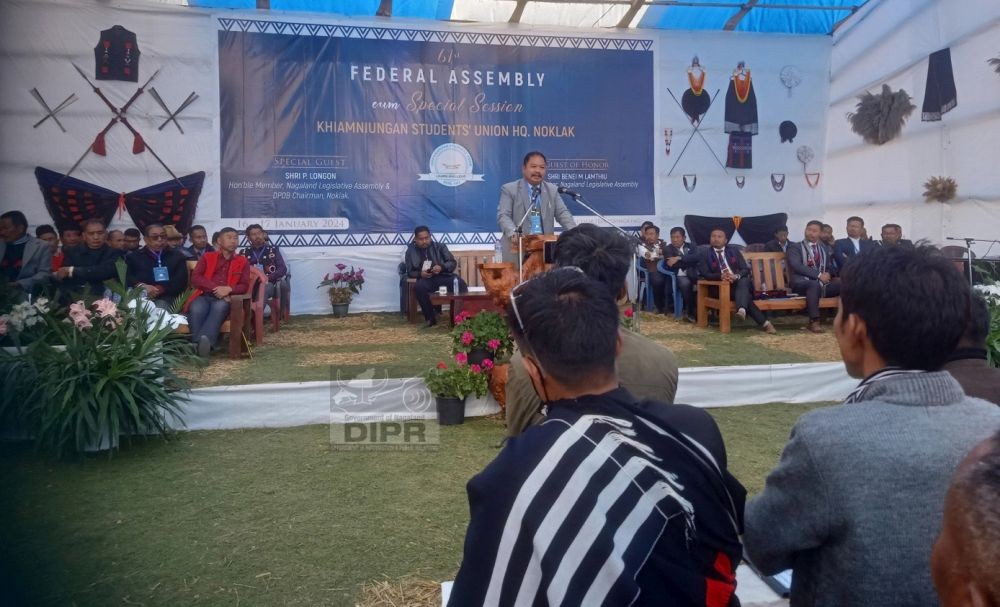 MLA & Chairman DPDB Noklak, P Longon addressing the 61st assembly cum special session of Khiamniungan Students’ Union held on January 17. (DIPR Photo)